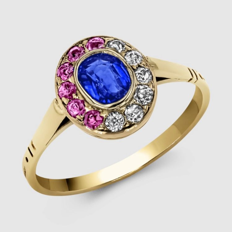 Belle Époque 0.55ct Sapphire, Ruby and Diamond Cluster Ring in 18ct Yellow Gold