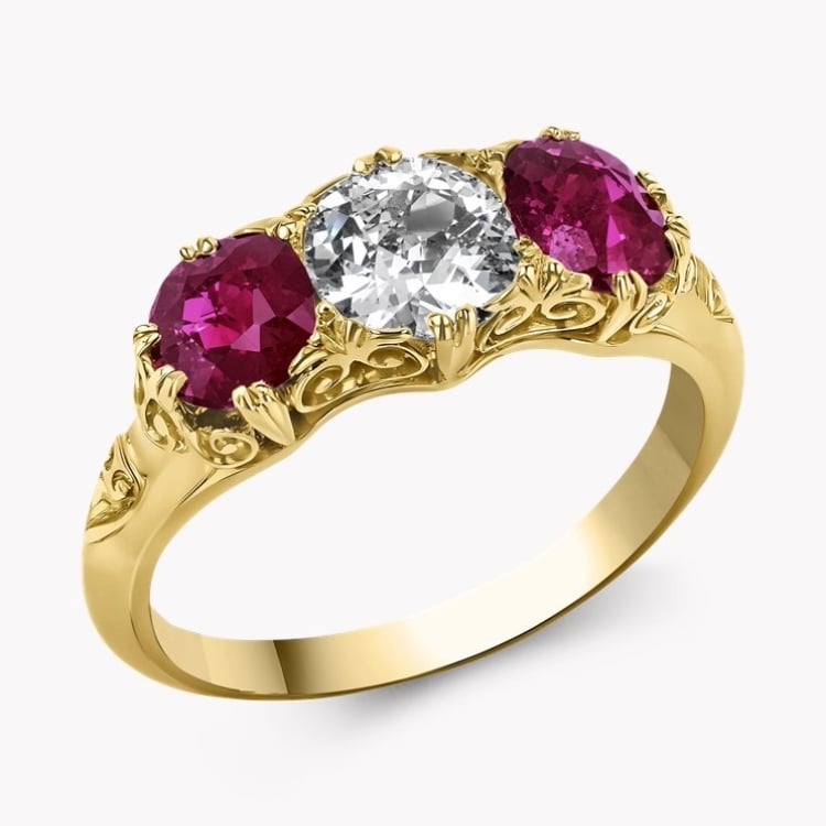 Victorian 1.55ct Ruby and Diamond Three Stone Ring in 18ct Yellow Gold