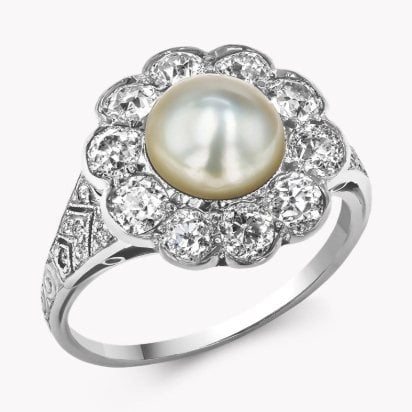 Antique Edwardian Pearl and Diamond Cluster Ring in Platinum