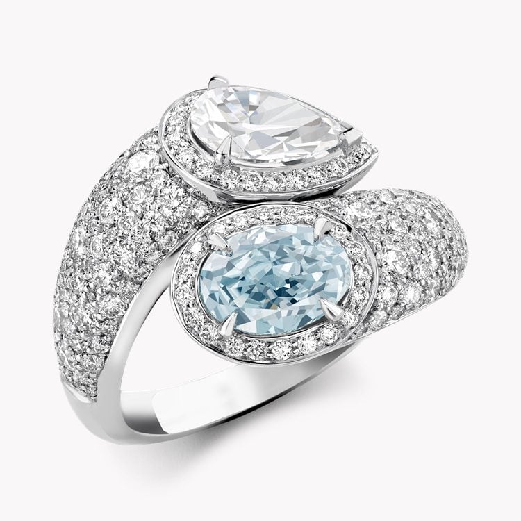 Masterpiece Two Stone Fancy Blue Diamond Bypass Ring 1.01ct in Platinum