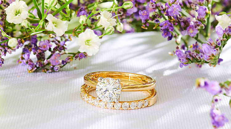 Gold and diamond engagement and eternity ring set