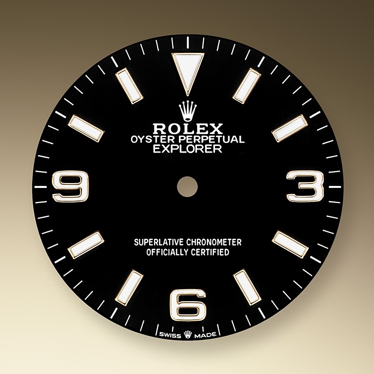The dial is the distinctive face of a Rolex watch, the feature most responsible for its identity and readability. The latest Explorer model's characteristic 3, 6 and 9 numerals are now filled with a luminescent material emitting a long-lasting blue glow, like the hour markers and hands. Like all Rolex timepieces, the Explorer's dial is designed and manufactured in-house, largely by hand to ensure perfection.