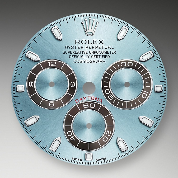 The ice blue dial is the discreet and exclusive signature of a Rolex platinum watch. Rolex uses platinum, the noblest of metal, for the finest of watches. These exclusive dials can be found only on the Day-Date and the Cosmograph Daytona.
