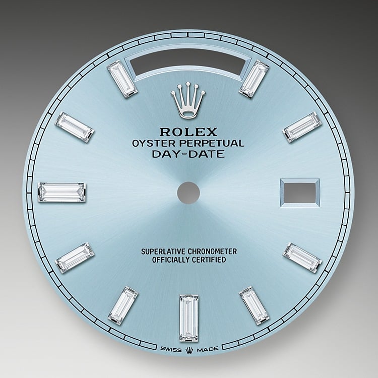 The ice blue dial is the discreet and exclusive signature of a Rolex platinum watch. Rolex uses platinum, the noblest of metal, for the finest of watches. These exclusive dials can be found only on the Day-Date and the Cosmograph Daytona.