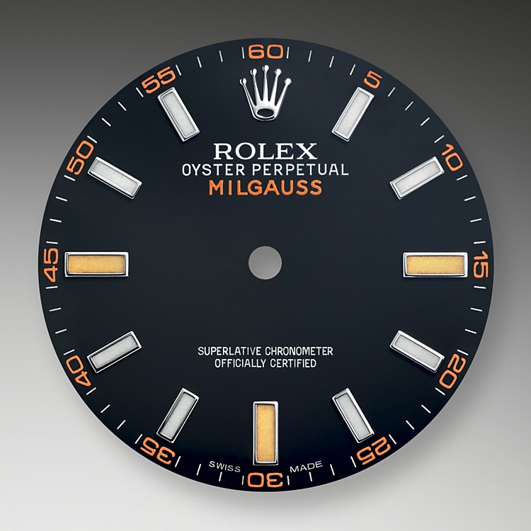 The Milgauss GV features a black dial with luminescent orange hour markers at 3, 6 and 9 o'clock, interspersed with white hour markers.&nbsp;A green sapphire crystal – with a twist of lime – produces light reflections while preserving optimal legibility. Yet another Rolex first.