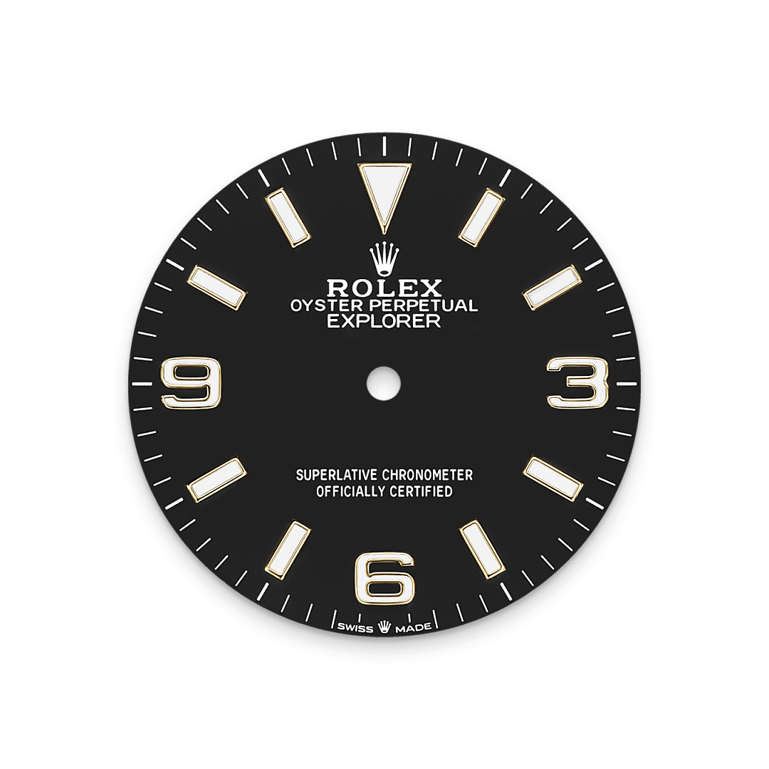 The dial is the distinctive face of a Rolex watch, the feature most responsible for its identity and readability. The Explorer model’s characteristic 3, 6 and 9 numerals are filled with a luminescent material emitting a long-lasting blue glow, like the hour markers and hands. Like all Rolex timepieces, the Explorer 36's dial is designed and manufactured in-house, largely by hand to ensure perfection.