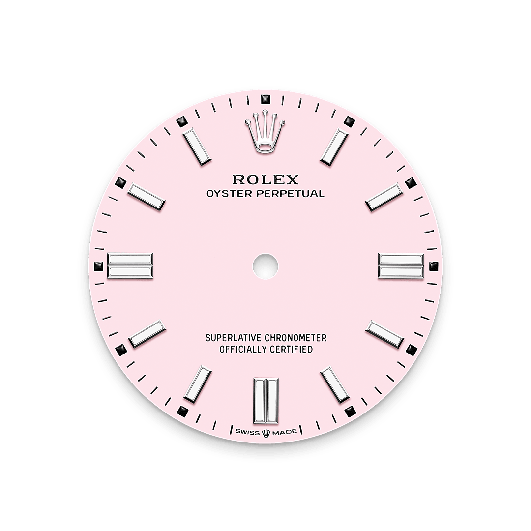 This bold, vivid tone is thanks to exceptional in-house expertise at Rolex, where craftsmanship rhymes with high technology. The colours created for the Oyster Perpetual range start life as a lacquer, which must be meticulously applied in a controlled-atmosphere environment to avoid dust and other contamination. The brass plate of the dial base receives layer upon layer of lacquer, six in all, to form a regular, uniform surface. The last step is varnishing and polishing to bring out the full brilliance and depth of colour. The various inscriptions are then pad printed, and the hour markers and crown riveted by hand. The dial, gleaming in its perfection, is all set to take its place on top of the movement at the watch assembly phase.