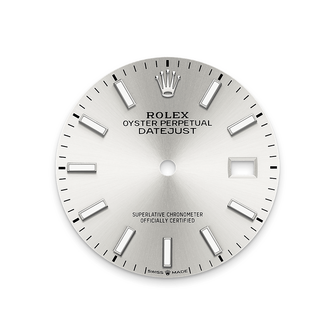 The sunray finish creates delicate light reflections on many dials in the Oyster Perpetual collection. It is obtained using masterful brushing techniques that create grooves running outwards from the centre of the dial. Light is diffused consistently along each engraving, creating a characteristic subtle glow that moves depending on the position of the wrist. Once the sunray finish has been completed, the dial colour is applied using Physical Vapour Deposition or electroplating. A light coat of varnish gives the dial its final look.