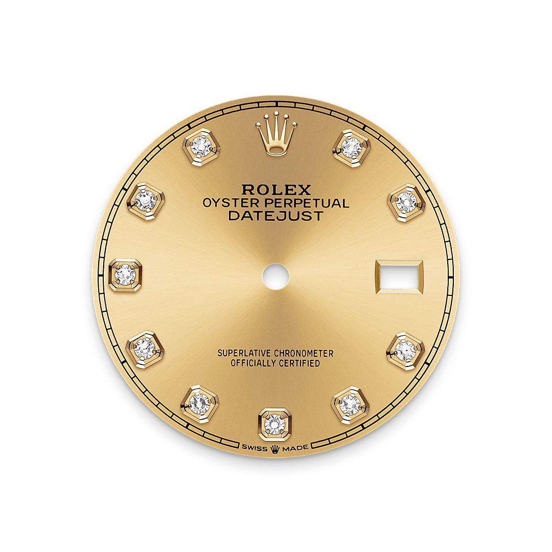 This dial features diamonds in 18 ct gold settings. The sunray finish creates delicate light reflections on many dials in the Oyster Perpetual collection. It is obtained using masterful brushing techniques that create grooves running outwards from the centre of the dial. Light is diffused consistently along each engraving, creating a characteristic subtle glow that moves depending on the position of the wrist. Once the sunray finish has been completed, the dial colour is applied using Physical Vapour Deposition or electroplating. A light coat of varnish gives the dial its final look.