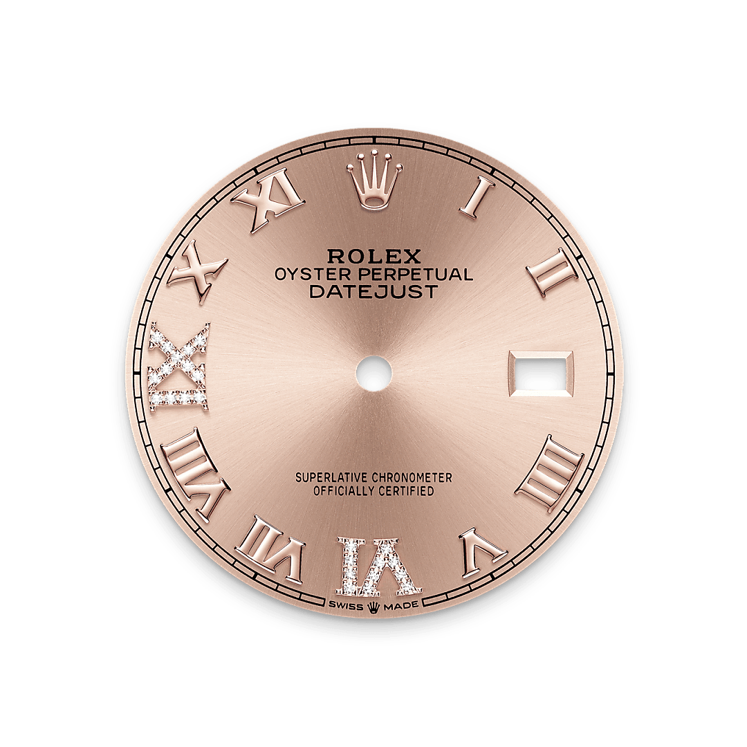 This dial features a Roman VI and IX in 18 ct gold, set with 24 diamonds. The sunray finish creates delicate light reflections on many dials in the Oyster Perpetual collection. It is obtained using masterful brushing techniques that create grooves running outwards from the centre of the dial. Light is diffused consistently along each engraving, creating a characteristic subtle glow that moves depending on the position of the wrist. Once the sunray finish has been completed, the dial colour is applied using Physical Vapour Deposition or electroplating. A light coat of varnish gives the dial its final look.