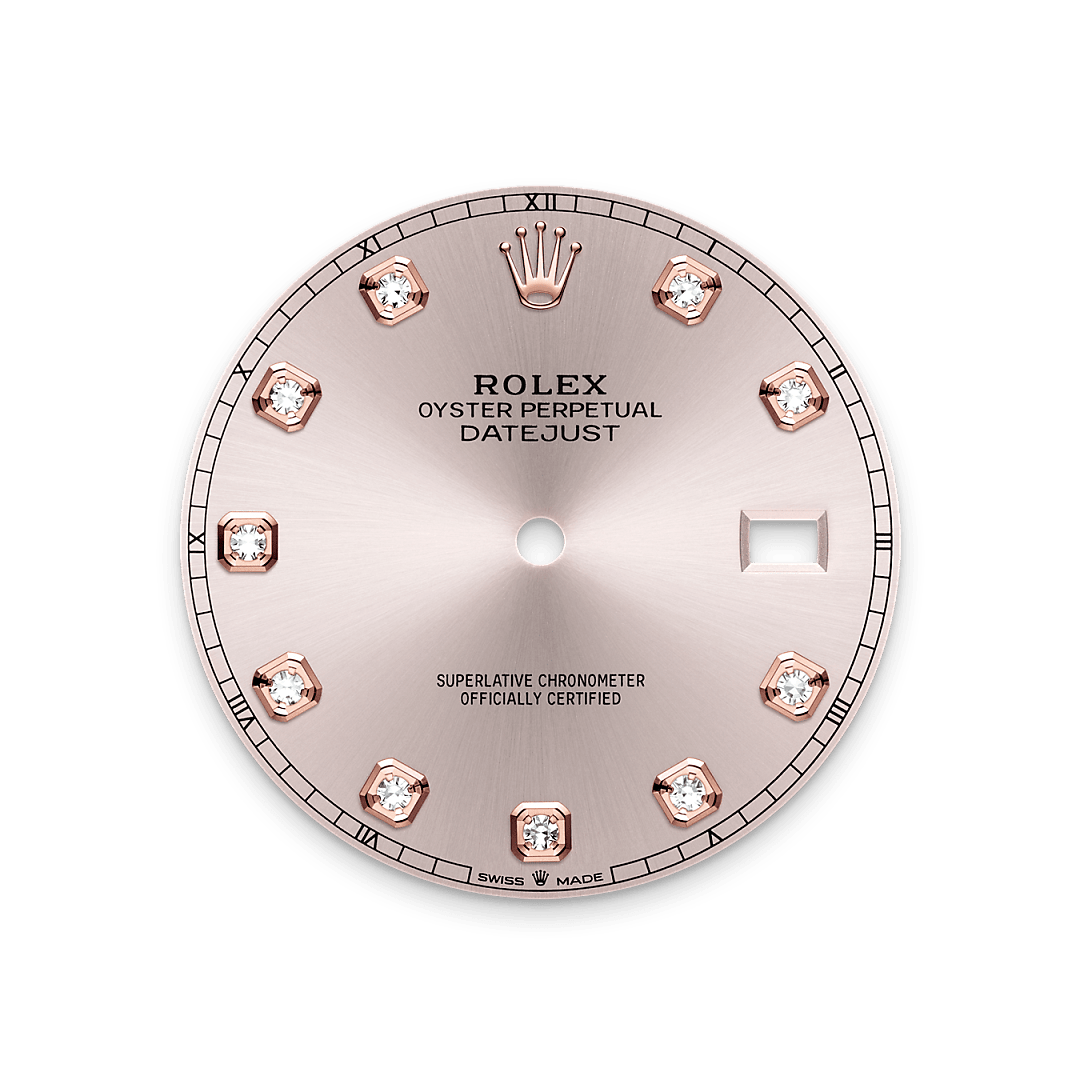 This dial features diamonds in 18 ct gold settings. The sunray finish creates delicate light reflections on many dials in the Oyster Perpetual collection. It is obtained using masterful brushing techniques that create grooves running outwards from the centre of the dial. Light is diffused consistently along each engraving, creating a characteristic subtle glow that moves depending on the position of the wrist. Once the sunray finish has been completed, the dial colour is applied using Physical Vapour Deposition or electroplating. A light coat of varnish gives the dial its final look.