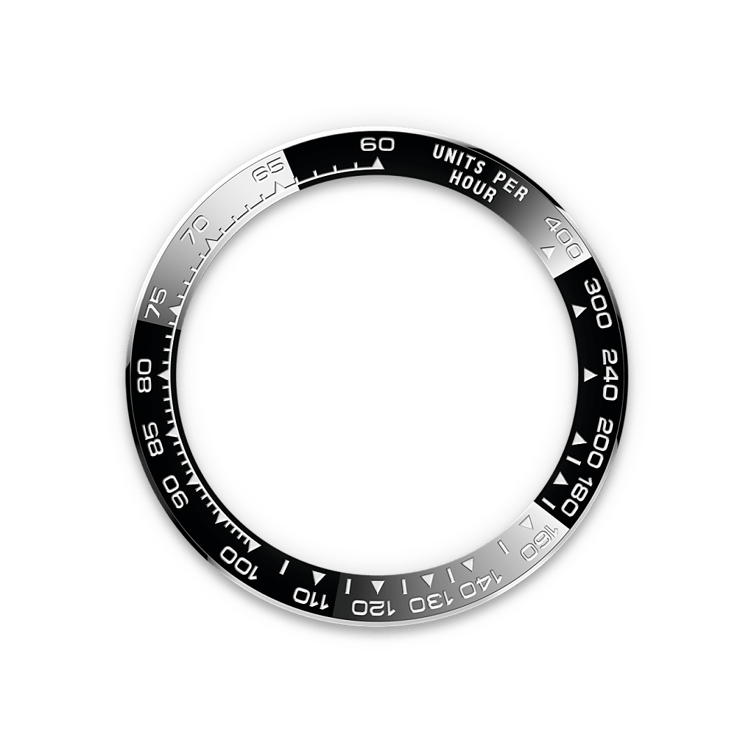 A key part of the model’s identity is the bezel moulded with a tachymetric scale for measuring average speeds of up to 400 miles or kilometres per hour. Blending high technology with sleek aesthetics, the black bezel is reminiscent of the 1965 model that was fitted with a black Plexiglas bezel insert.
The monobloc Cerachrom bezel in high-tech ceramic offers a number of advantages: it is corrosion resistant, virtually scratchproof and the colour is unaffected by UV rays. This extremely durable bezel also offers an exceptionally legible tachymetric scale, thanks to the deposition of a thin layer of platinum in the numerals and graduations via a PVD (Physical Vapour Deposition) process. The monobloc Cerachrom bezel is made in a single piece and holds the crystal firmly in place on the middle case, ensuring waterproofness.