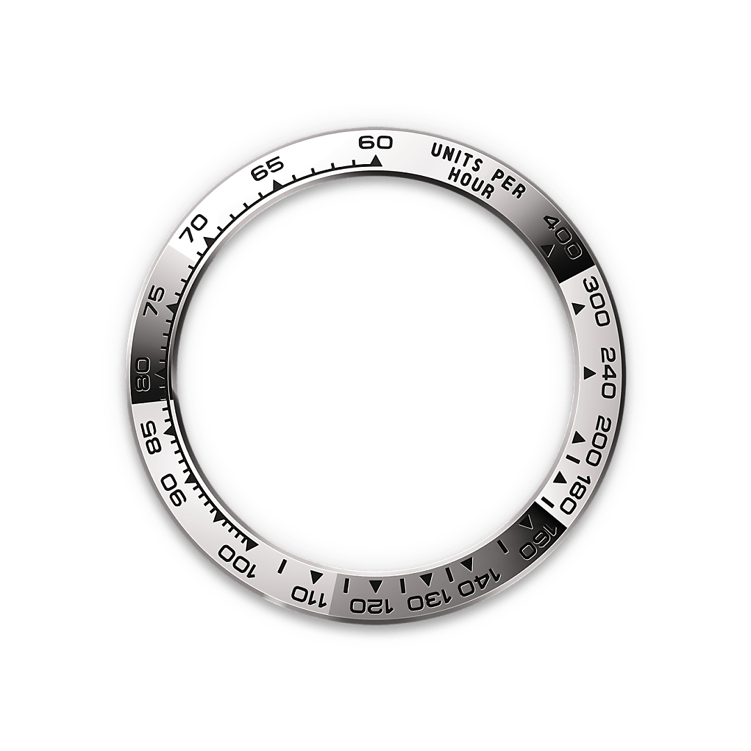 With its tachymetric scale, its three counters and its pushers, the Cosmograph Daytona was designed to be the ultimate timing tool for endurance racing drivers. The bezel features a tachymetric scale to read average speed over a given distance based on elapsed time. This scale offers optimal legibility, making the Cosmograph Daytona the ideal instrument for measuring speeds up to 400 units per hour, expressed in kilometres or miles.