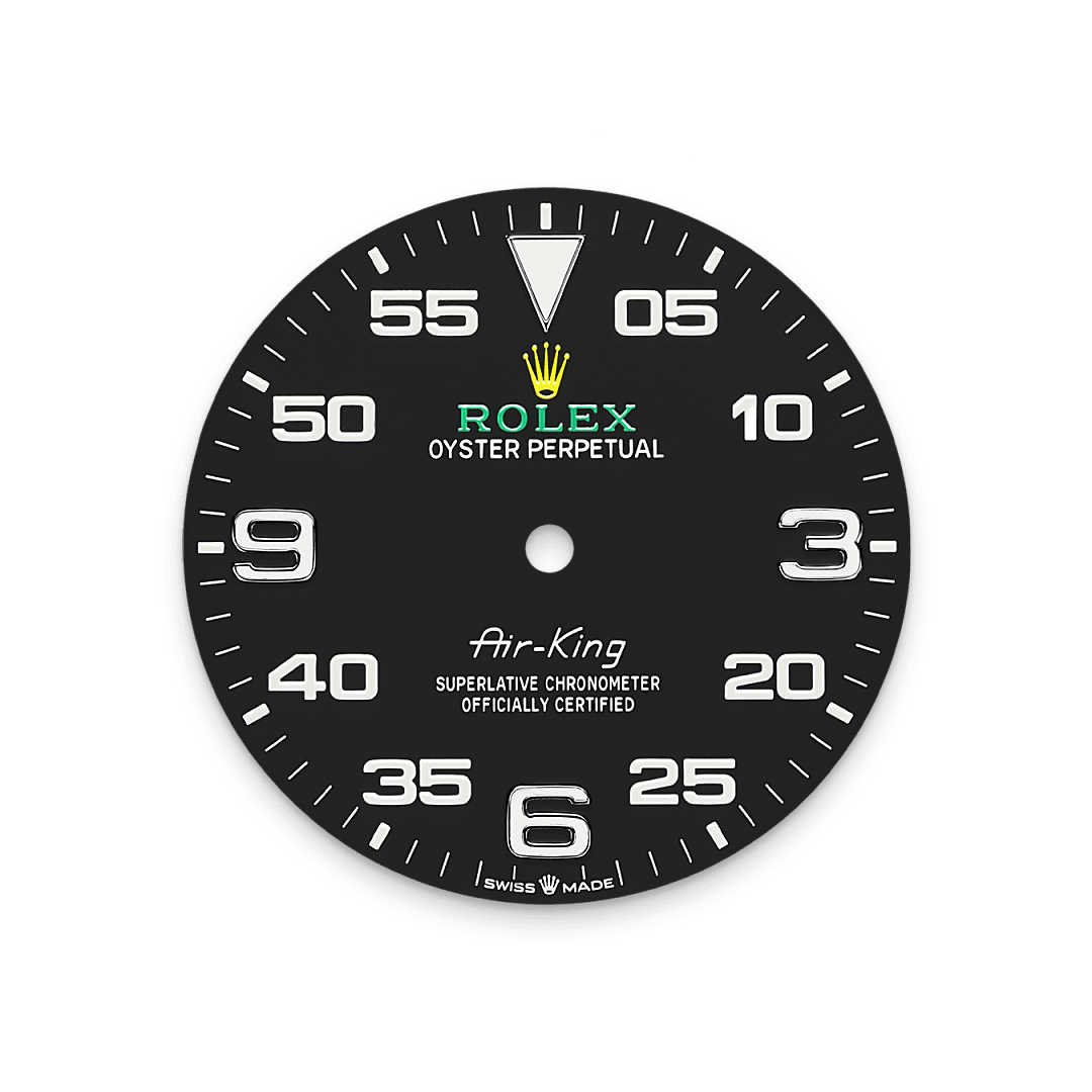 The Air-King dial features a distinctive black dial with a combination of large 3, 6 and 9 numerals marking the hours and a prominent minute scale for navigational time readings. It bears the name Air-King in the same lettering that was designed specially for the model in the 1950s.