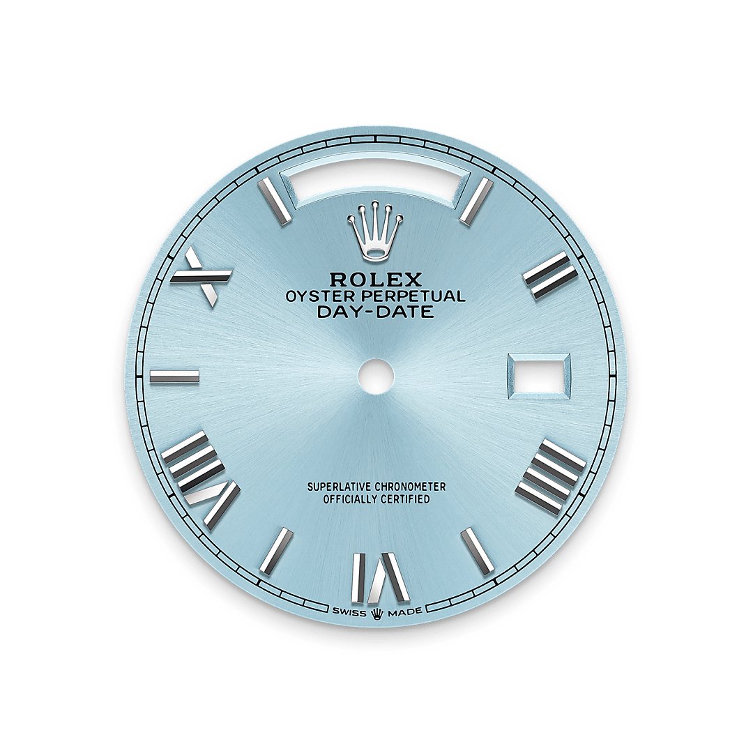 The ice-blue dial is the discreet and exclusive signature of a Rolex platinum watch. Rolex uses platinum, the noblest of metals, for the finest of watches. This exclusive dial colour can be found only on the Day-Date, the Cosmograph Daytona and the Perpetual 1908.