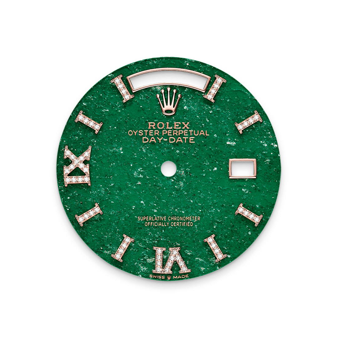 This dial features hour markers in 18 ct gold, set with 32 diamonds, and a Roman VI and IX in 18 ct gold, set with 24 diamonds. It is cut from green aventurine, a stone with a finely crystallized surface.The dial is the distinctive face of a Rolex watch, the feature most responsible for its identity and readability. Characterised by hour markers fashioned from gold to prevent tarnishing, every Rolex dial is designed and manufactured in-house, largely by hand to ensure perfection.