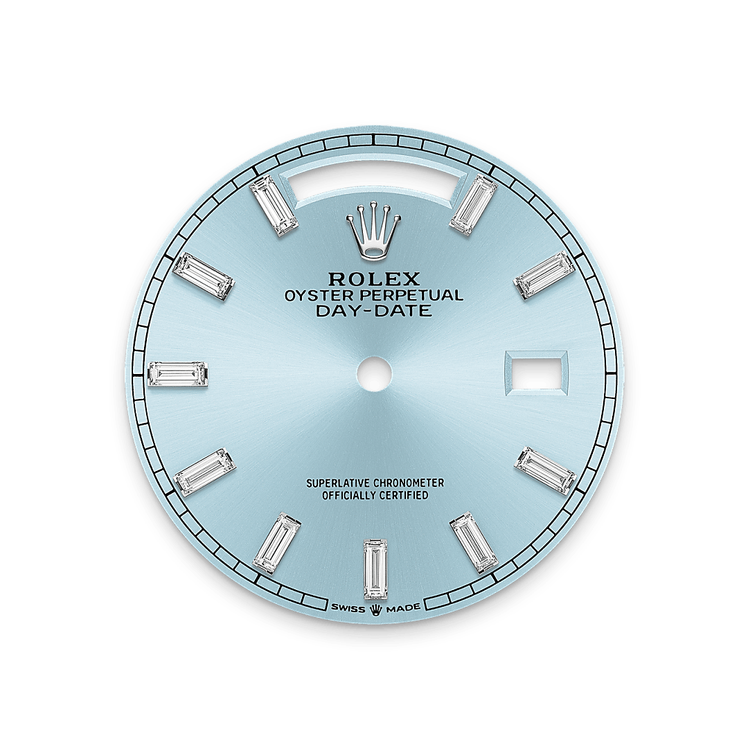 The ice-blue dial is the discreet and exclusive signature of a Rolex platinum watch. Rolex uses platinum, the noblest of metals, for the finest of watches. This exclusive dial colour can be found only on the Day-Date, the Cosmograph Daytona and the Perpetual 1908.