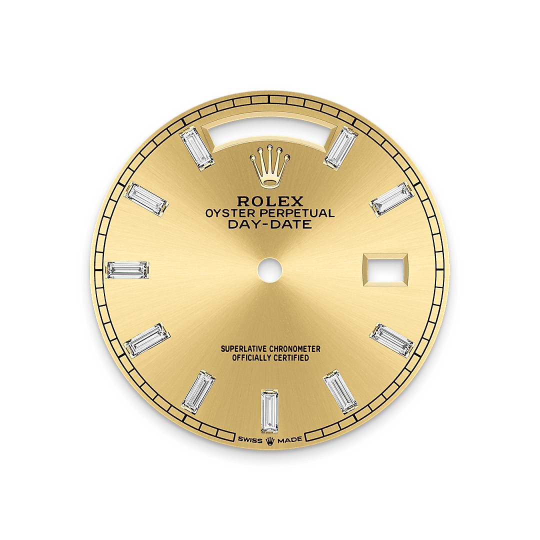 This dial features 10 baguette-cut diamonds. The sunray finish creates delicate light reflections on many dials in the Oyster Perpetual collection. It is obtained using masterful brushing techniques that create grooves running outwards from the centre of the dial. Light is diffused consistently along each engraving, creating a characteristic subtle glow that moves depending on the position of the wrist. Once the sunray finish has been completed, the dial colour is applied using Physical Vapour Deposition or electroplating. A light coat of varnish gives the dial its final look.