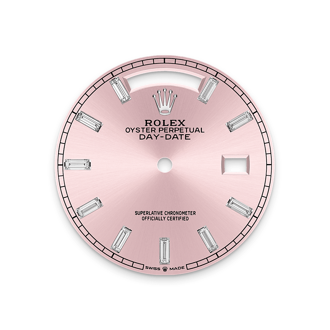 This dial features 10 baguette-cut diamonds. The sunray finish creates delicate light reflections on many dials in the Oyster Perpetual collection. It is obtained using masterful brushing techniques that create grooves running outwards from the centre of the dial. Light is diffused consistently along each engraving, creating a characteristic subtle glow that moves depending on the position of the wrist. Once the sunray finish has been completed, the dial colour is applied using Physical Vapour Deposition or electroplating. A light coat of varnish gives the dial its final look.