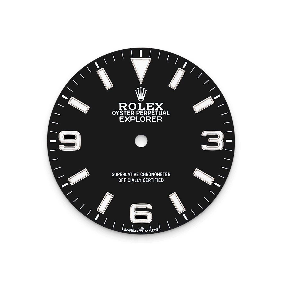 The dial is the distinctive face of a Rolex watch, the feature most responsible for its identity and readability. The Explorer model’s characteristic 3, 6 and 9 numerals are filled with a luminescent material emitting a long-lasting blue glow, like the hour markers and hands. Like all Rolex timepieces, the Explorer 40's dial is designed and manufactured in-house, largely by hand to ensure perfection.