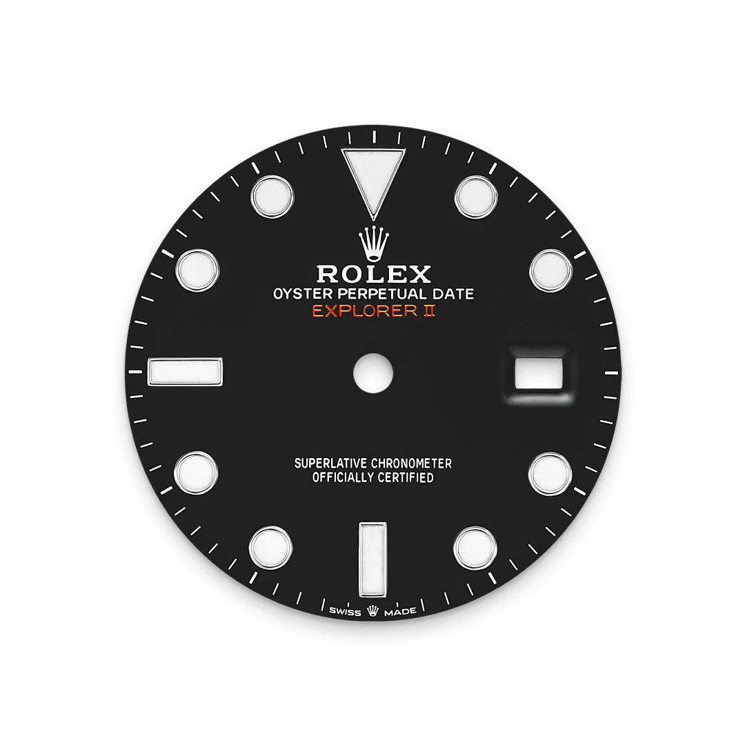 The Explorer II features a date display, an additional orange 24-hour hand and a fixed bezel with 24-hour graduations, enabling day to be distinguished from night. It became the watch of choice for speleologists, volcanologists and polar explorers. Its hour markers and hands feature a highly-legible Chromalight display with long-lasting blue luminescence.