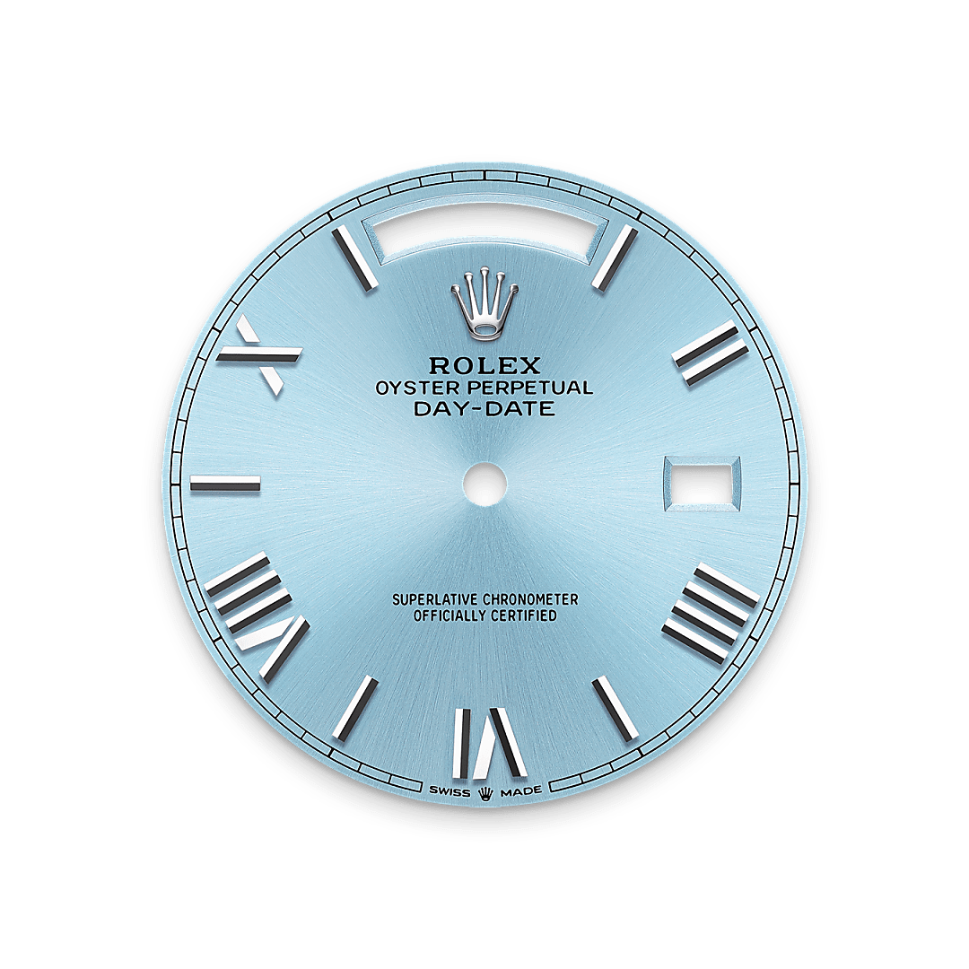 The ice-blue dial is the discreet and exclusive signature of a Rolex platinum watch. Rolex uses platinum, the noblest of metals, for the finest of watches. This exclusive dial colour can be found only on the Day-Date, the Cosmograph Daytona and the Perpetual 1908.