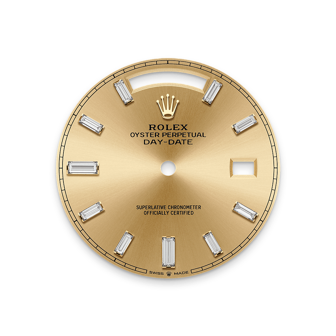 This dial features 10 baguette-cut diamonds. The sunray finish creates delicate light reflections on many dials in the Oyster Perpetual collection. It is obtained using masterful brushing techniques that create grooves running outwards from the centre of the dial. Light is diffused consistently along each engraving, creating a characteristic subtle glow that moves depending on the position of the wrist. Once the sunray finish has been completed, the dial colour is applied using Physical Vapour Deposition or electroplating. A light coat of varnish gives the dial its final look.