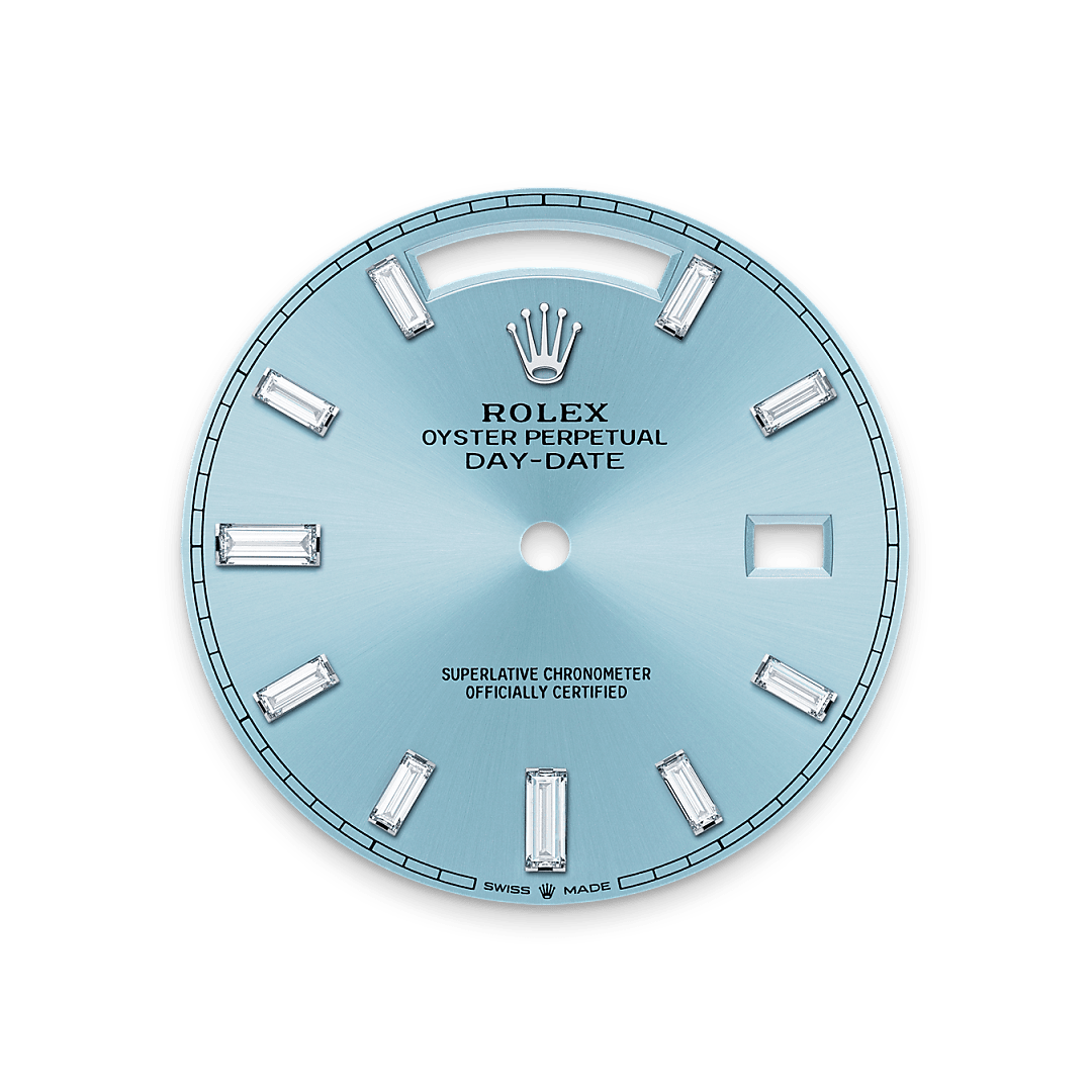 The ice-blue dial is the discreet and exclusive signature of a Rolex platinum watch. Rolex uses platinum, the noblest of metals, for the finest of watches. This exclusive dial colour can be found only on the Day-Date, the Cosmograph Daytona and the Perpetual 1908.