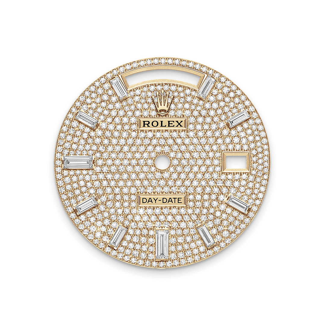 This dial features 10 baguette-cut diamonds. Diamonds, sapphires, rubies, emeralds – the noblest and most precious stones are selected to grace Rolex timepieces. The brand has in-house expertise and equipment enabling it to bejewel any model in its catalogue. Experienced gemmologists first select gemstones of the highest quality. For this, they can rely on their own seasoned judgement as well as state-of-the-art analysis equipment. The stones are then entrusted to the gem-setters, who skilfully place each precious stone onto the watch by hand, one by one, assuring precision to within hundredths of a millimetre. Such stringent tolerances guarantee that each stone shines with optimal brilliance and is perfectly aligned with those around it. These time-honoured gestures, which may be repeated many hundreds of times, ensure that each gem-set watch produced by Rolex sparkles with exceptional intensity and reflects the standard of excellence required by the brand.