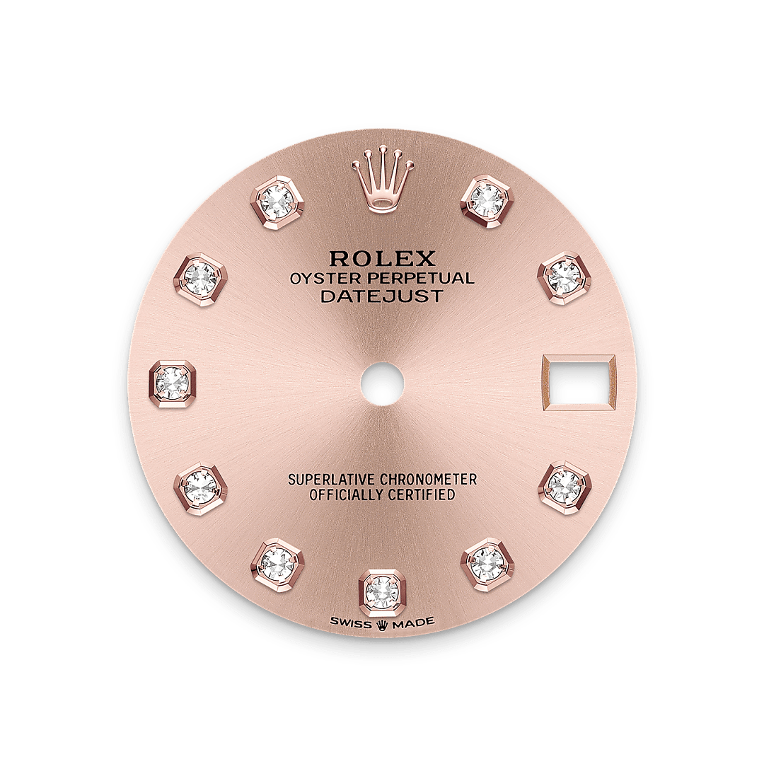 This dial features diamonds in 18 ct gold settings. The sunray finish creates delicate light reflections on many dials in the Oyster Perpetual collection. It is obtained using masterful brushing techniques that create grooves running outwards from the centre of the dial. Light is diffused consistently along each engraving, creating a characteristic subtle glow that moves depending on the position of the wrist. Once the sunray finish has been completed, the dial colour is applied using Physical Vapour Deposition or electroplating. A light coat of varnish gives the dial its final look.