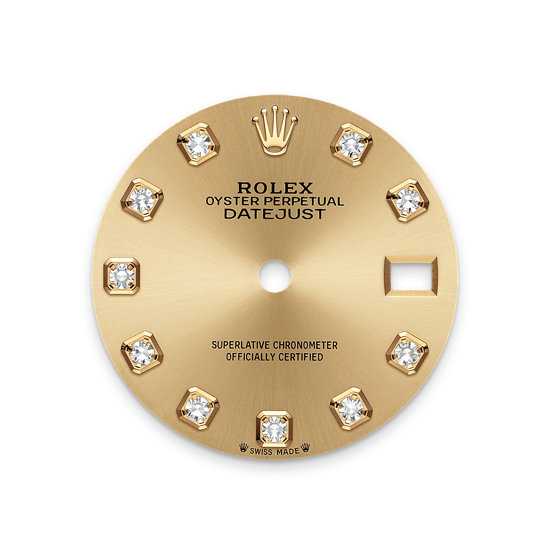 This dial features diamonds in 18 ct gold settings. The sunray finish creates delicate light reflections on many dials in the Oyster Perpetual collection. It is obtained using masterful brushing techniques that create grooves running outwards from the centre of the dial. Light is diffused consistently along each engraving, creating a characteristic subtle glow that moves depending on the position of the wrist. Once the sunray finish has been completed, the dial colour is applied using Physical Vapour Deposition or electroplating. A light coat of varnish gives the dial its final look.