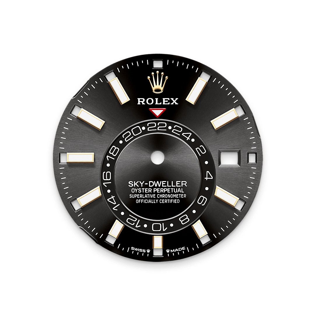 A fixed inverted red triangle on the dial points to the chosen reference time – the time at home or at the traveller’s usual workplace – on the off-centre 24-hour disc. At a glance, this 24-hour display clearly distinguishes daytime hours from night-time hours in the other time zone. The dials now feature rectangular index hour markers and longer hands, as well as a Chromalight display with long-lasting luminescence, which enhances legibility. 
A deep red rectangle in one of the 12 windows around the dial indicates the current month, a striking characteristic of the Saros annual calendar. This