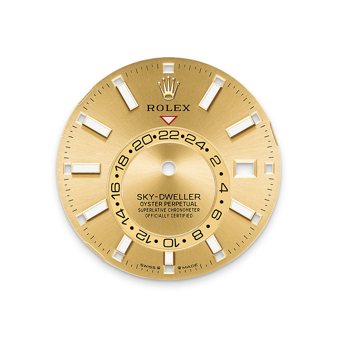 A fixed inverted red triangle on the dial points to the chosen reference time – the time at home or at the traveller’s usual workplace – on the off-centre 24-hour disc. At a glance, this 24-hour display clearly distinguishes daytime hours from night-time hours in the other time zone. The dials now feature rectangular index hour markers and longer hands, as well as a Chromalight display with long-lasting luminescence, which enhances legibility. 
A deep red rectangle in one of the 12 windows around the dial indicates the current month, a striking characteristic of the Saros annual calendar. This ingenious mechanism simplifies life for the wearer of the watch, who no longer needs to think about adjusting the date at the end of a 30-day month. The annual calendar displays the correct date through the year. Only one adjustment is needed – on 1 March (February having only 28 or 29 days). The date is connected to local time and automatically changes according to the traveller’s local time zone.
