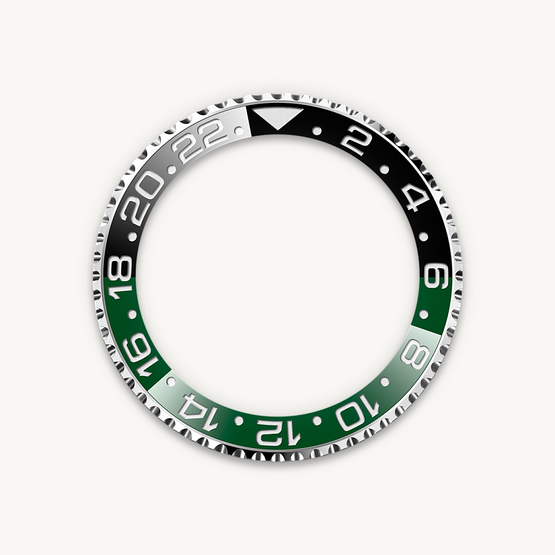 This model features a black dial and a two-colour Cerachrom bezel insert in green and black ceramic. In addition to conventional hour, minute and seconds hands, the GMT-Master II features an arrow-tipped hand, which circles the dial once every 24 hours, as well as a bidirectional rotatable 24-hour graduated bezel. The distinctively coloured 24-hour hand displays the “home” reference time in a first time zone which can be read on the graduations on the bezel. The traveller’s local time is easily set by “jumping” from hour to hour, thanks to an ingenious mechanism operated via the winding crown: the hour hand can be adjusted forwards or backwards independently of the minute and seconds hands. This allows travellers to adapt to their new time zone without affecting the precision of their timekeeping. The Cerachrom bezel insert features an original colour combination: black and an exclusive green that is reserved for this model.