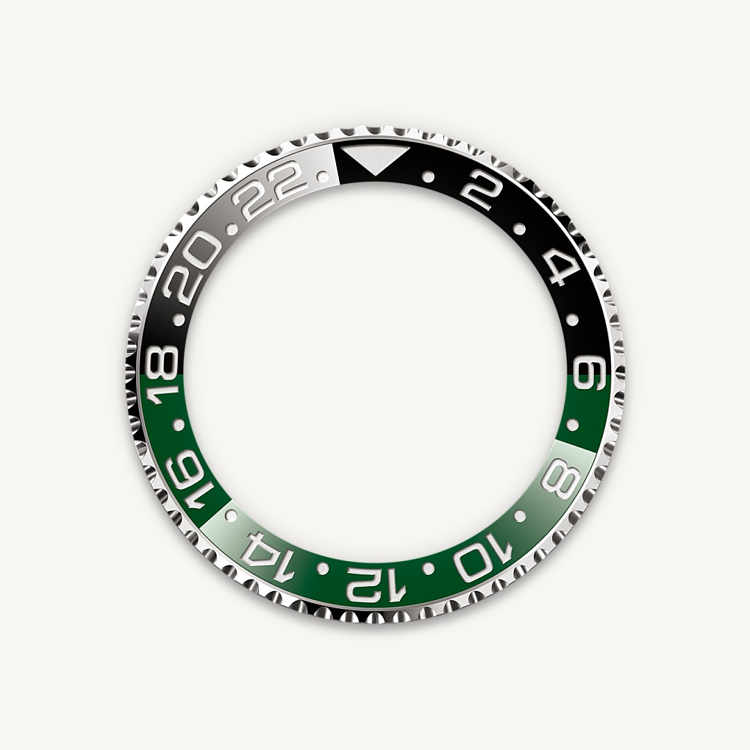 This model features a green ceramic dial and a two-colour Cerachrom bezel insert in green and black ceramic. In addition to conventional hour, minute and seconds hands, the GMT-Master II features an arrow-tipped hand, which circles the dial once every 24 hours, as well as a bidirectional rotatable 24-hour graduated bezel. The distinctively coloured 24-hour hand displays the “home” reference time in a first time zone which can be read on the graduations on the bezel. The traveller’s local time is easily set by “jumping” from hour to hour, thanks to an ingenious mechanism operated via the winding crown: the hour hand can be adjusted forwards or backwards independently of the minute and seconds hands. This allows travellers to adapt to their new time zone without affecting the precision of their timekeeping. The Cerachrom bezel insert features an original colour combination: black and an exclusive green that is reserved for this model.