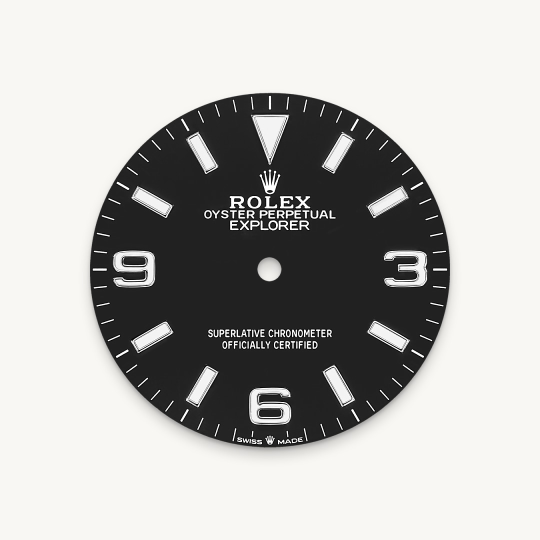 The dial is the distinctive face of a Rolex watch, the feature most responsible for its identity and readability. The Explorer model’s characteristic 3, 6 and 9 numerals are filled with a luminescent material emitting a long-lasting blue glow, like the hour markers and hands. Like all Rolex timepieces, the Explorer 36's dial is designed and manufactured in-house, largely by hand to ensure perfection.