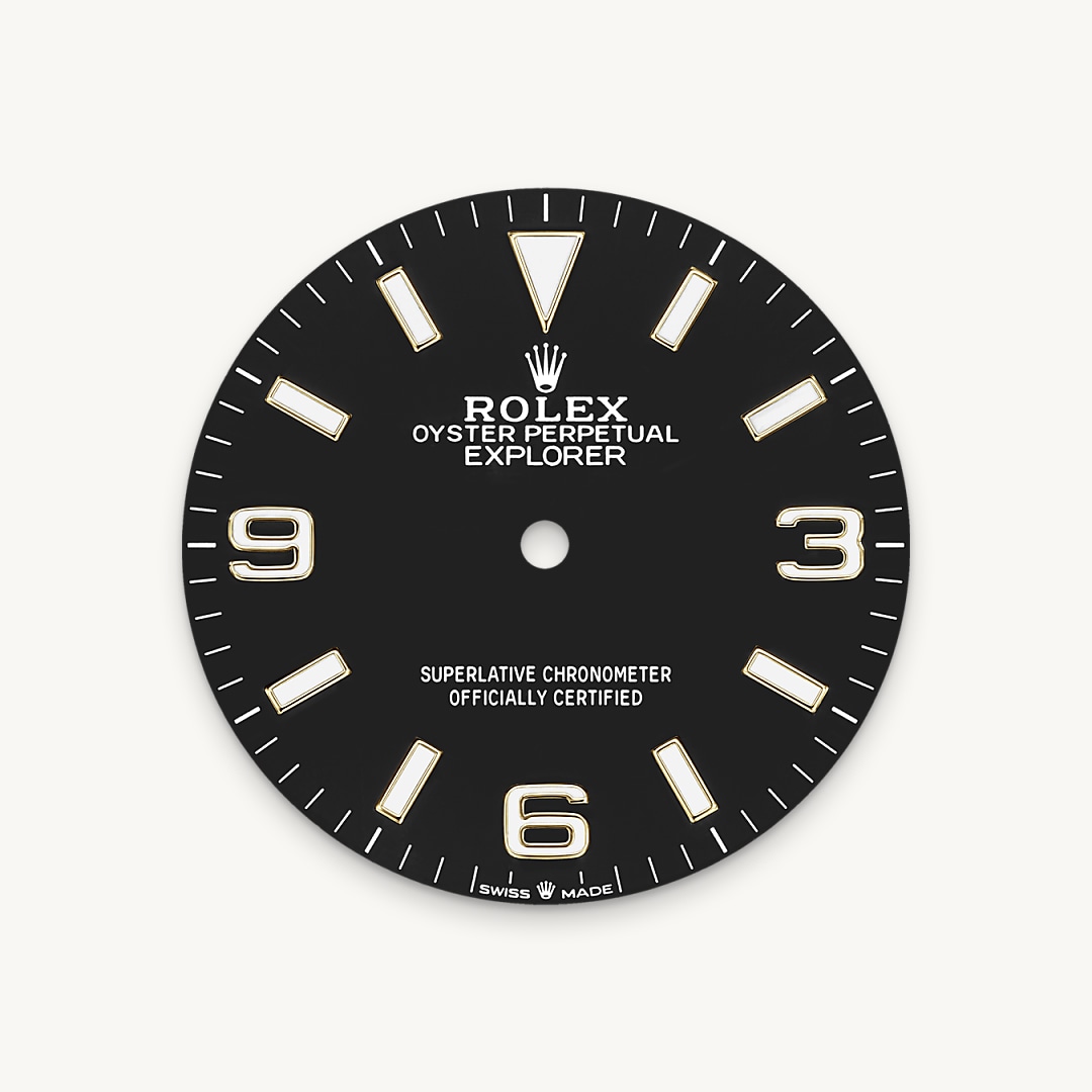The dial is the distinctive face of a Rolex watch, the feature most responsible for its identity and readability. The Explorer model’s characteristic 3, 6 and 9 numerals are filled with a luminescent material emitting a long-lasting blue glow, like the hour markers and hands. Like all Rolex timepieces, the Explorer 36's dial is designed and manufactured in-house, largely by hand to ensure perfection.