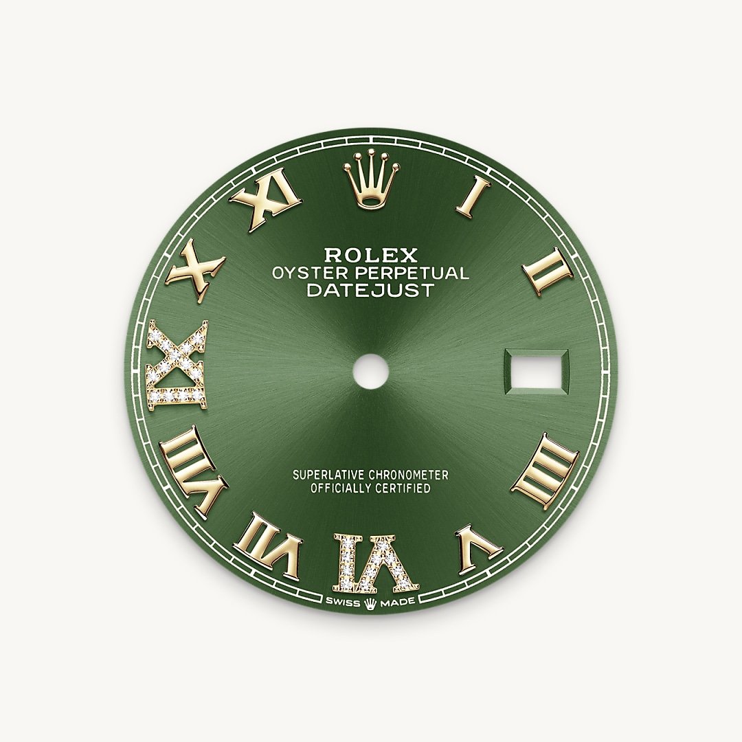 This dial features a Roman VI and IX in 18 ct gold, set with 24 diamonds. The sunray finish creates delicate light reflections on many dials in the Oyster Perpetual collection. It is obtained using masterful brushing techniques that create grooves running outwards from the centre of the dial. Light is diffused consistently along each engraving, creating a characteristic subtle glow that moves depending on the position of the wrist. Once the sunray finish has been completed, the dial colour is applied using Physical Vapour Deposition or electroplating. A light coat of varnish gives the dial its final look.