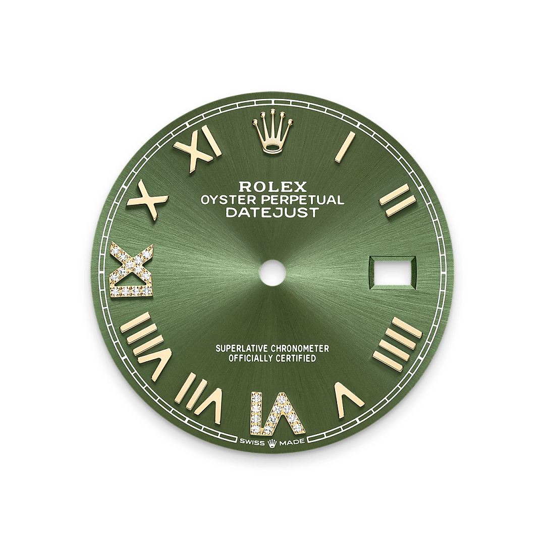 This dial features a Roman VI and IX in 18 ct gold, set with 24 diamonds. The sunray finish creates delicate light reflections on many dials in the Oyster Perpetual collection. It is obtained using masterful brushing techniques that create grooves running outwards from the centre of the dial. Light is diffused consistently along each engraving, creating a characteristic subtle glow that moves depending on the position of the wrist. Once the sunray finish has been completed, the dial colour is applied using Physical Vapour Deposition or electroplating. A light coat of varnish gives the dial its final look.
