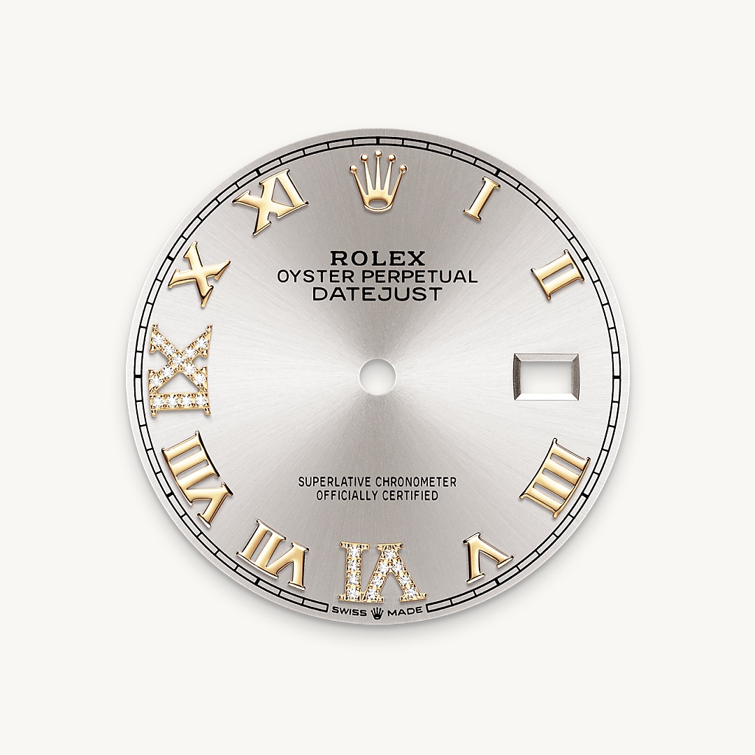 This dial features a Roman VI and IX in 18 ct gold, set with 24 diamonds. The sunray finish creates delicate light reflections on many dials in the Oyster Perpetual collection. It is obtained using masterful brushing techniques that create grooves running outwards from the centre of the dial. Light is diffused consistently along each engraving, creating a characteristic subtle glow that moves depending on the position of the wrist. Once the sunray finish has been completed, the dial colour is applied using Physical Vapour Deposition or electroplating. A light coat of varnish gives the dial its final look.