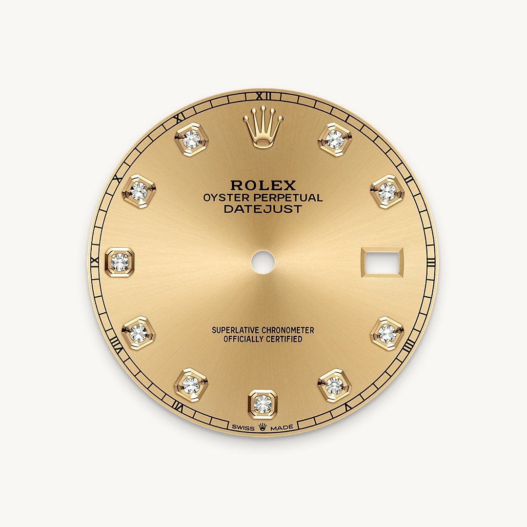 This dial features diamonds in 18 ct gold settings. The sunray finish creates delicate light reflections on many dials in the Oyster Perpetual collection. It is obtained using masterful brushing techniques that create grooves running outwards from the centre of the dial. Light is diffused consistently along each engraving, creating a characteristic subtle glow that moves depending on the position of the wrist. Once the sunray finish has been completed, the dial colour is applied using Physical Vapour Deposition or electroplating. A light coat of varnish gives the dial its final look.