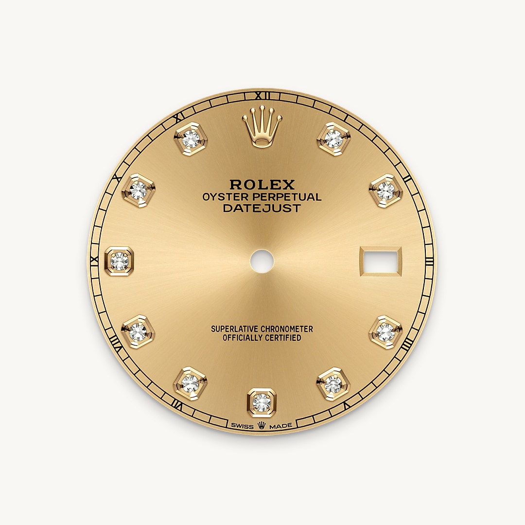 This dial features diamonds in 18 ct gold settings. The sunray finish creates delicate light reflections on many dials in the Oyster Perpetual collection. It is obtained using masterful brushing techniques that create grooves running outwards from the centre of the dial. Light is diffused consistently along each engraving, creating a characteristic subtle glow that moves depending on the position of the wrist. Once the sunray finish has been completed, the dial colour is applied using Physical Vapour Deposition or electroplating. A light coat of varnish gives the dial its final look.