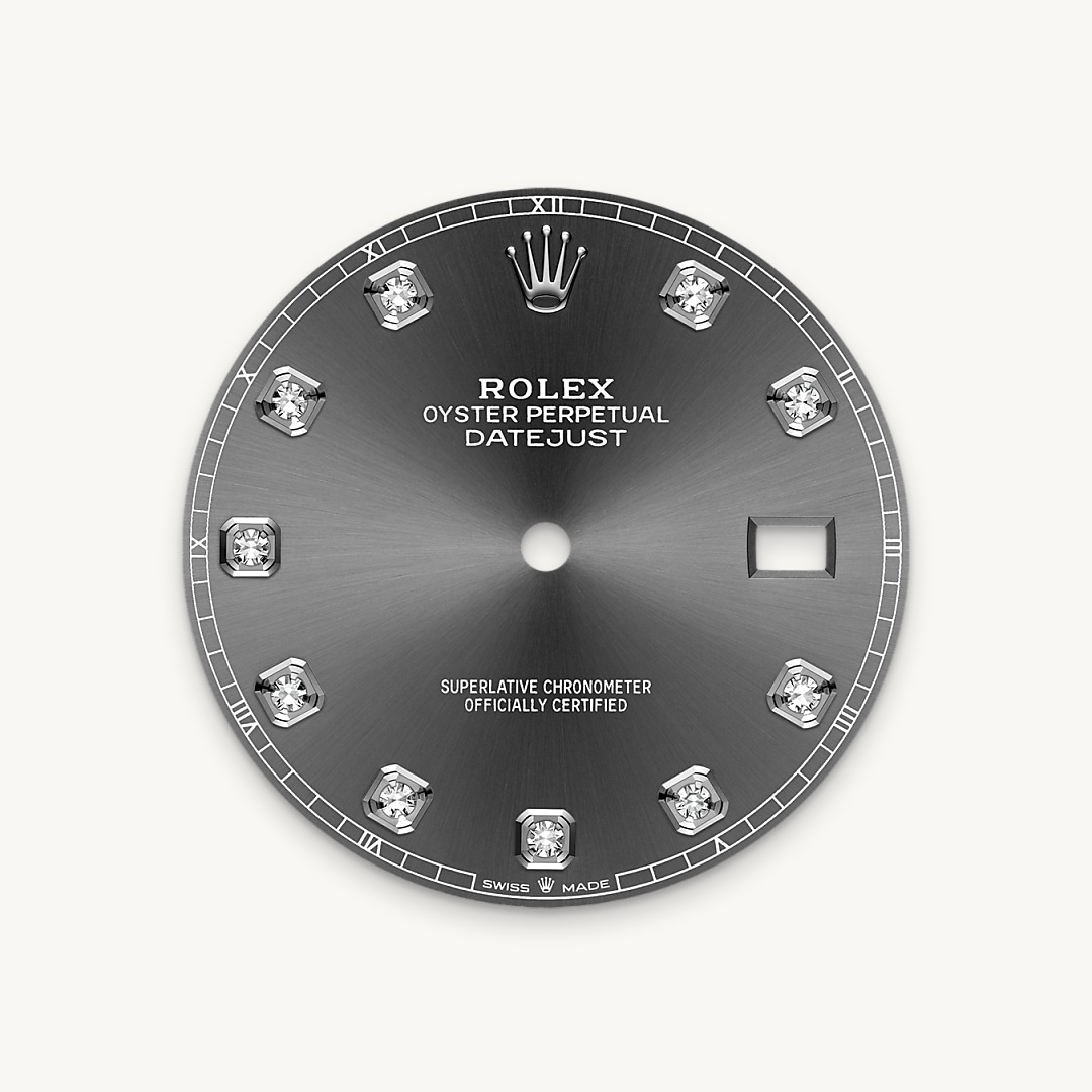 This dial features diamonds in 18 ct gold settings. The sunray finish creates delicate light reflections on many dials in the Oyster Perpetual collection. It is obtained using masterful brushing techniques that create grooves running outwards from the centre of the dial. Light is diffused consistently along each engraving, creating a characteristic subtle glow that moves depending on the position of the wrist. Once the sunray finish has been completed, the dial colour is applied using Physical Vapour Deposition or electroplating. A light coat of varnish gives the dial its final look.