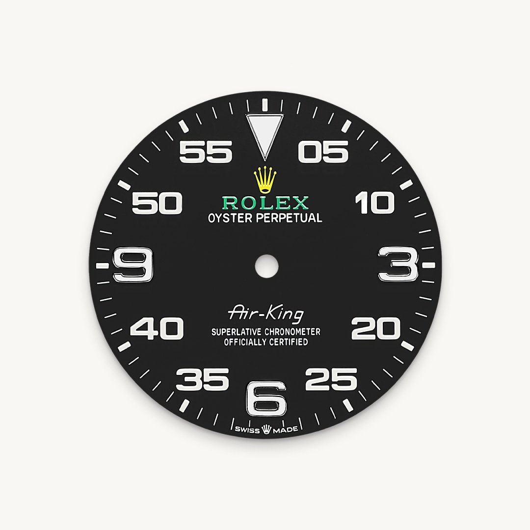 The Air-King dial features a distinctive black dial with a combination of large 3, 6 and 9 numerals marking the hours and a prominent minute scale for navigational time readings. It bears the name Air-King in the same lettering that was designed specially for the model in the 1950s.