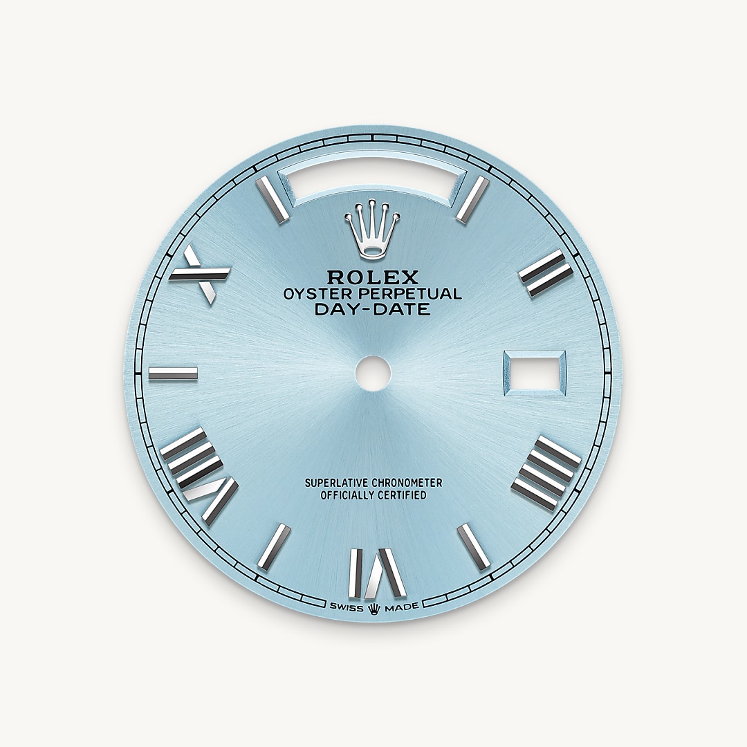 The ice-blue dial is the discreet and exclusive signature of a Rolex platinum watch. Rolex uses platinum, the noblest of metals, for the finest of watches. This exclusive dial colour can be found only on the Day-Date, the Cosmograph Daytona and the Perpetual 1908.