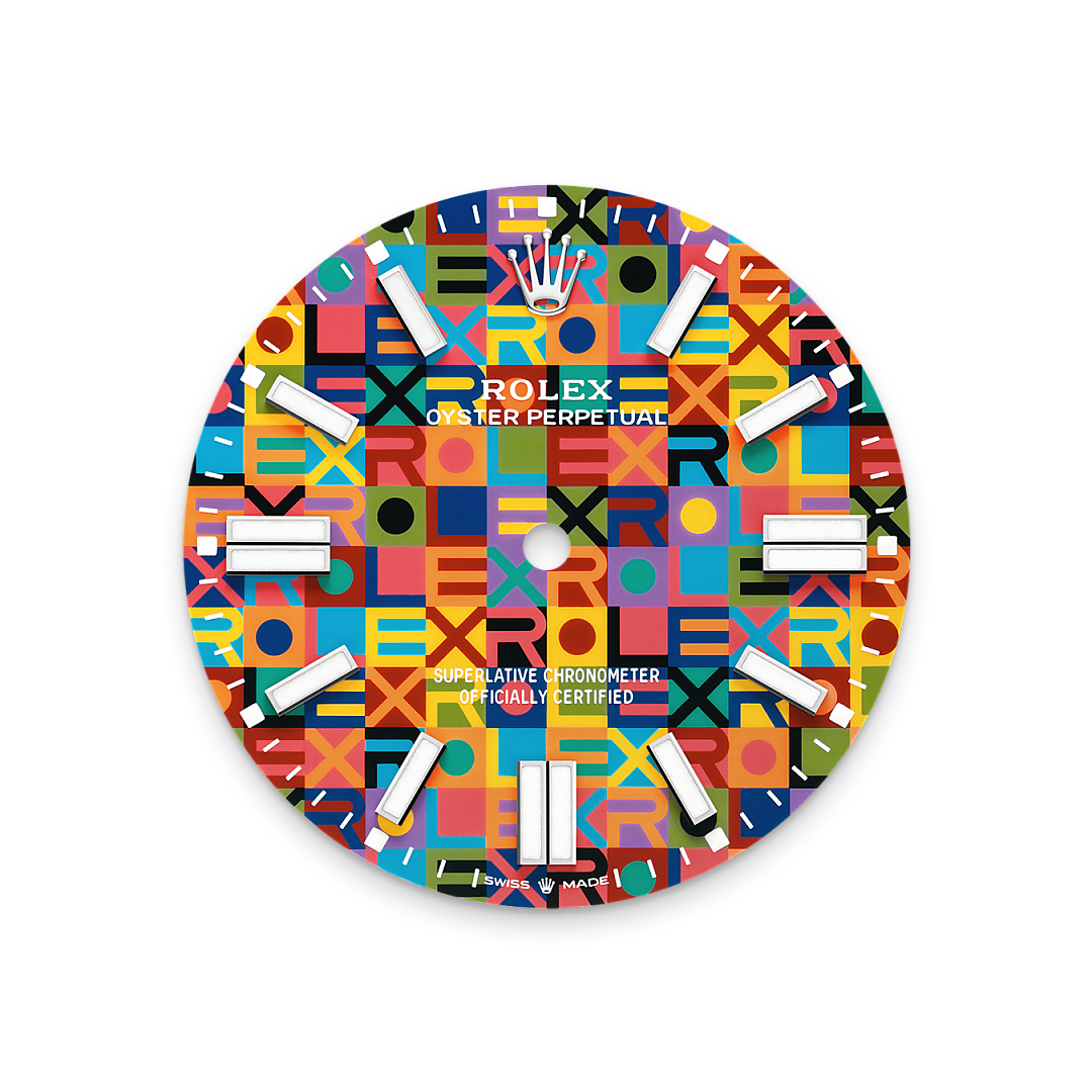 In the subtlest yet most modern way, the dial of the Oyster Perpetual 41 revisits the Jubilee motif introduced at the end of the 1970s, which has since become iconic. It displays the letters of the Rolex name in a contrasting interplay of no fewer than ten colours. Executing this pattern presents a significant challenge, as the colours are applied not all at once, but one after the other. The utmost precision is also required to ensure that all the shapes and letters making up the motif are positioned perfectly.