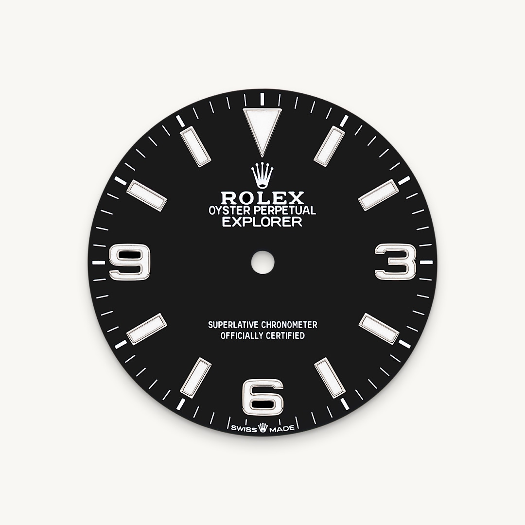 The dial is the distinctive face of a Rolex watch, the feature most responsible for its identity and readability. The Explorer model’s characteristic 3, 6 and 9 numerals are filled with a luminescent material emitting a long-lasting blue glow, like the hour markers and hands. Like all Rolex timepieces, the Explorer 40's dial is designed and manufactured in-house, largely by hand to ensure perfection.