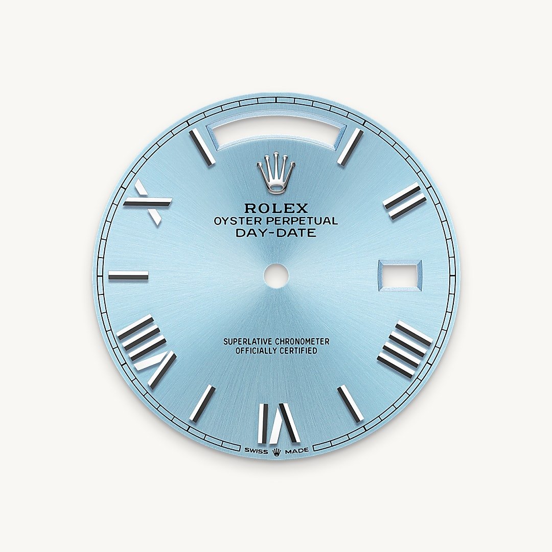 The ice-blue dial is the discreet and exclusive signature of a Rolex platinum watch. Rolex uses platinum, the noblest of metals, for the finest of watches. This exclusive dial colour can be found only on the Day-Date, the Cosmograph Daytona and the Perpetual 1908.