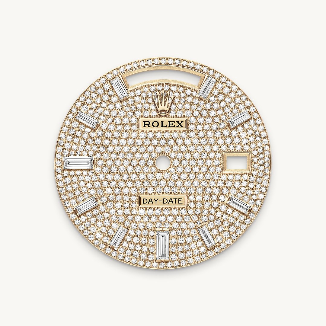 This dial features 10 baguette-cut diamonds. Diamonds, sapphires, rubies, emeralds – the noblest and most precious stones are selected to grace Rolex timepieces. The brand has in-house expertise and equipment enabling it to bejewel any model in its catalogue. Experienced gemmologists first select gemstones of the highest quality. For this, they can rely on their own seasoned judgement as well as state-of-the-art analysis equipment. The stones are then entrusted to the gem-setters, who skilfully place each precious stone onto the watch by hand, one by one, assuring precision to within hundredths of a millimetre. Such stringent tolerances guarantee that each stone shines with optimal brilliance and is perfectly aligned with those around it. These time-honoured gestures, which may be repeated many hundreds of times, ensure that each gem-set watch produced by Rolex sparkles with exceptional intensity and reflects the standard of excellence required by the brand.