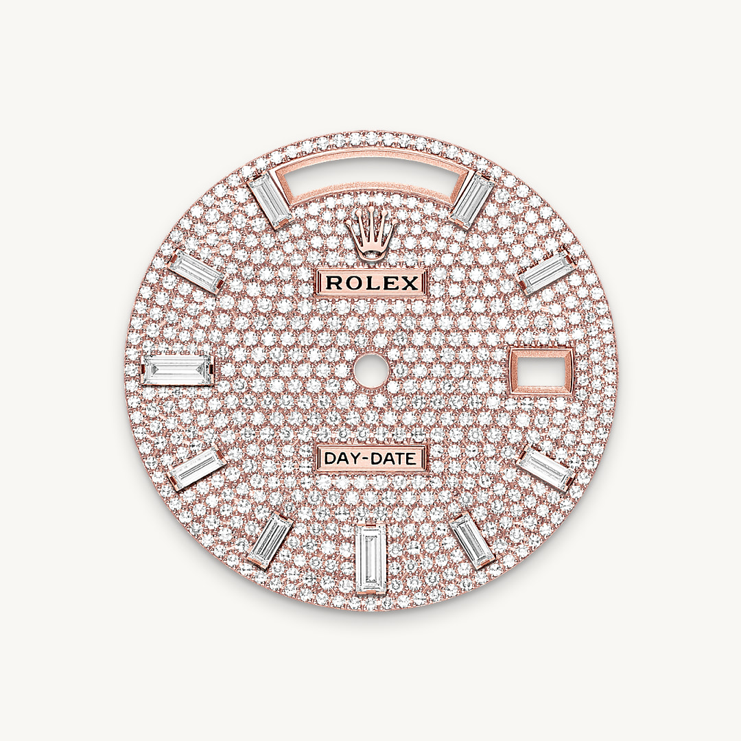 This dial features 10 baguette-cut diamonds. Diamonds, sapphires, rubies, emeralds – the noblest and most precious stones are selected to grace Rolex timepieces. The brand has in-house expertise and equipment enabling it to bejewel any model in its catalogue. Experienced gemmologists first select gemstones of the highest quality. For this, they can rely on their own seasoned judgement as well as state-of-the-art analysis equipment. The stones are then entrusted to the gem-setters, who skilfully place each precious stone onto the watch by hand, one by one, assuring precision to within hundredths of a millimetre. Such stringent tolerances guarantee that each stone shines with optimal brilliance and is perfectly aligned with those around it. These time-honoured gestures, which may be repeated many hundreds of times, ensure that each gem-set watch produced by Rolex sparkles with exceptional intensity and reflects the standard of excellence required by the brand.